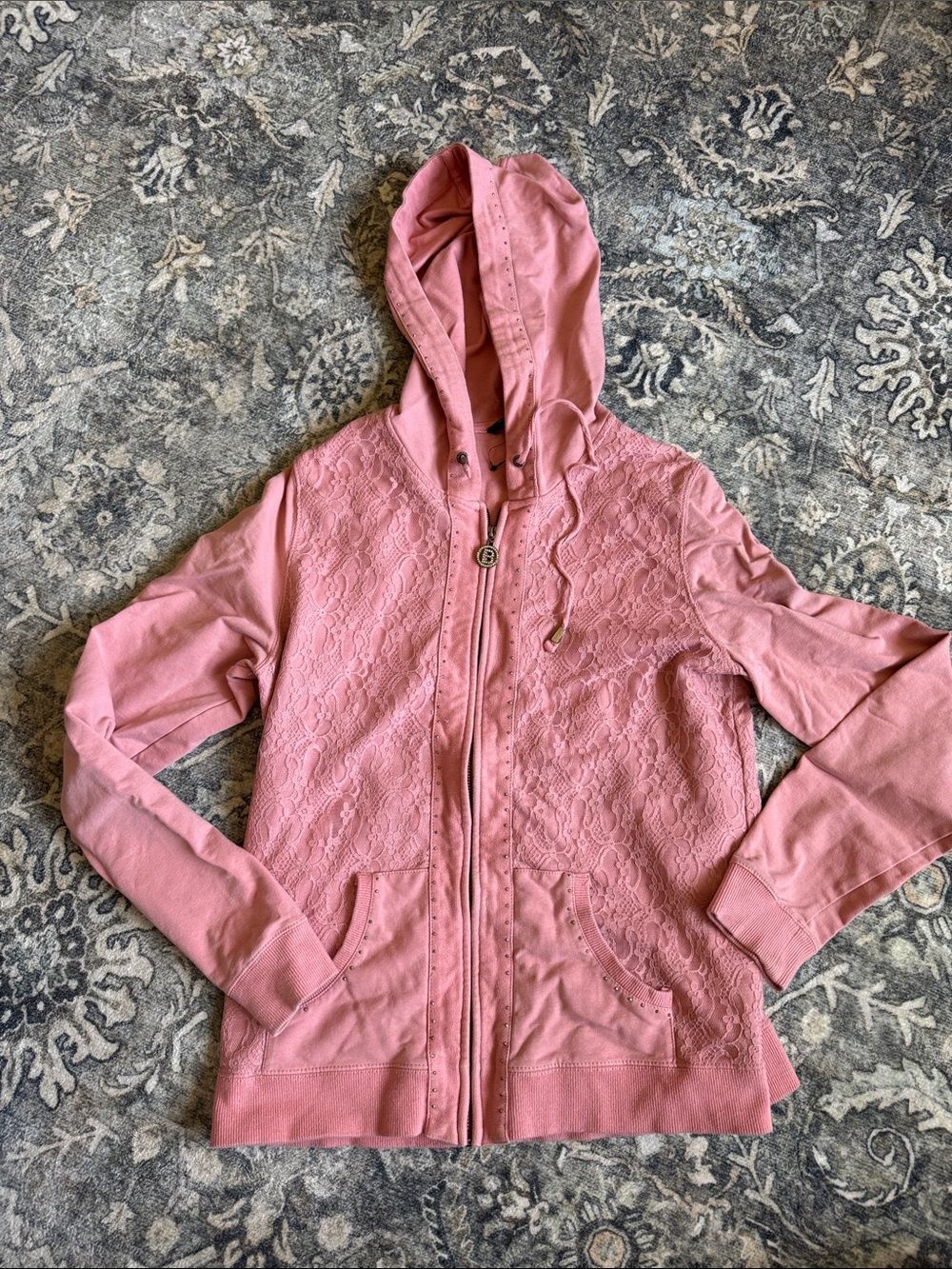 BCBG Max Azria Pink Lace-Detail Zip Hoodie